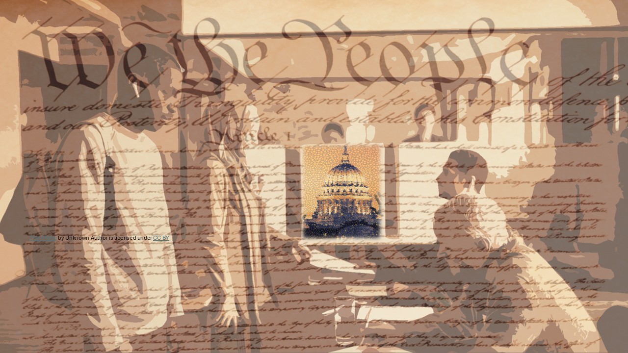 We the People — composite of the Constitution's opening words, citizens in conversation, and the Capitol dome